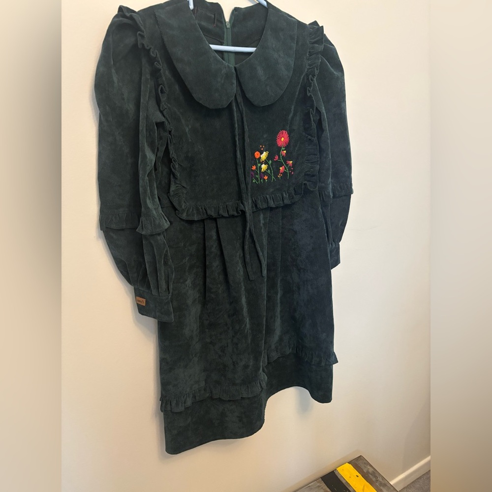 Green Corduroy Dress with Floral Embroidery